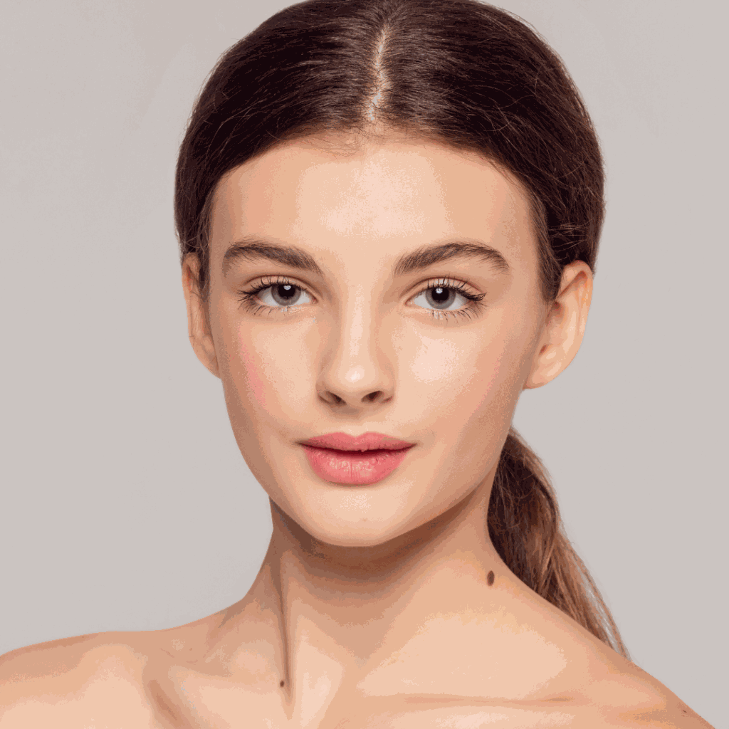 modelo usando blush leve e maquiagem natural